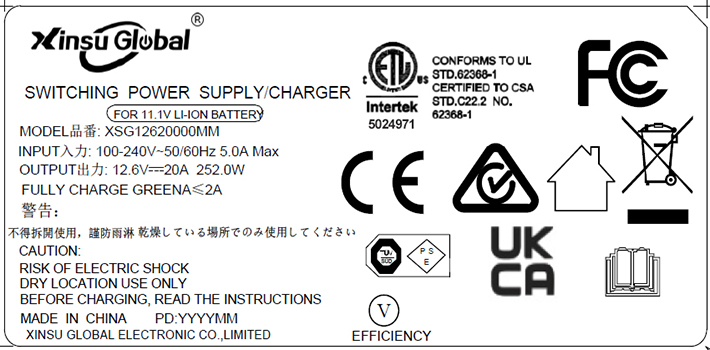 12.6V 20A charger label
